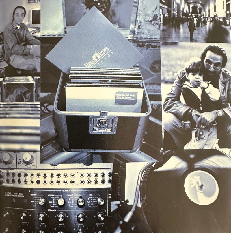 Collage of record crates, a mixing desk, a turntable and a man with a child, in blue-toned photos
