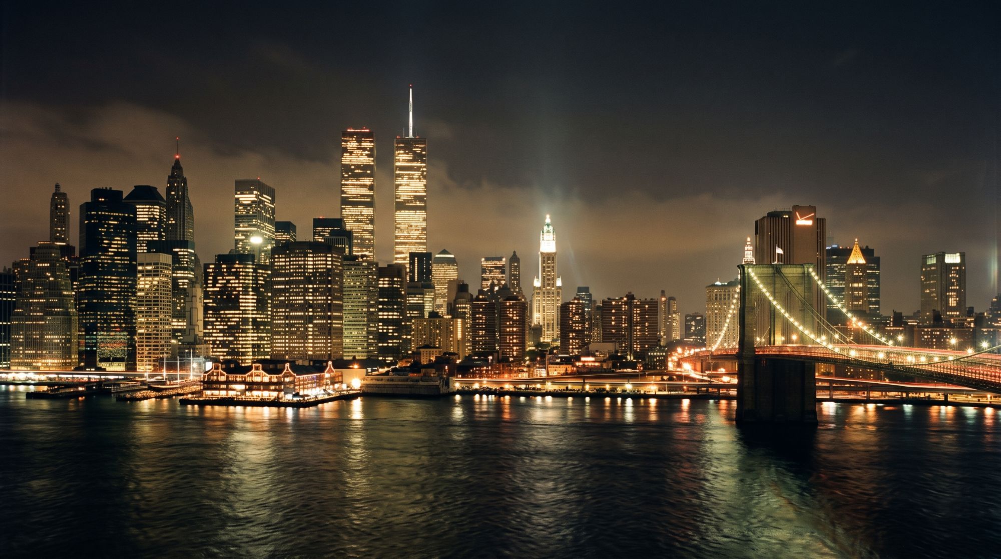 Lower Manhattan skyline and the Brooklyn Bridge at night